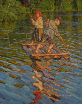 ニコライ・ペトロヴィッチ・ボグダノフ・ベルスキー Painting - いかだに乗った子供たち ニコライ・ボグダノフ・ベルスキー